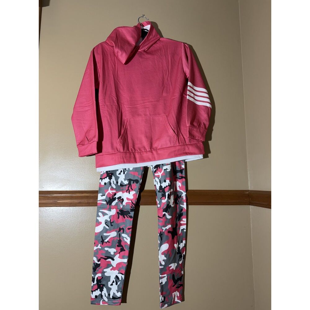 Girls Camo 2 Piece Outfit Pink Gray Black Hoodie & Leggings Size 11-12